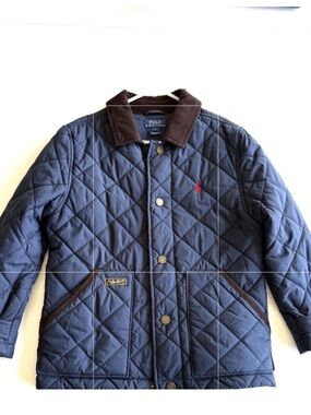 Polo by Ralph Lauren Navy Quilted Jacket with Brown Collar and Red Logo
